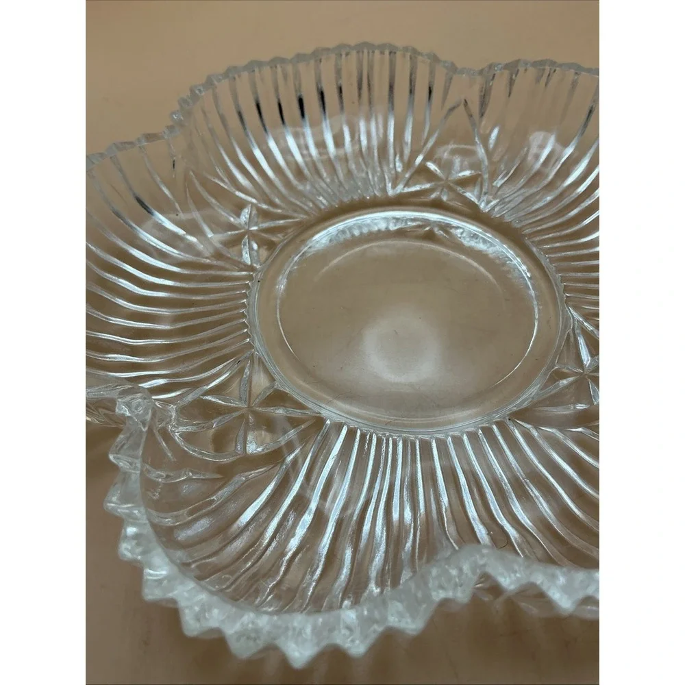 Vintage Clear Pressed Glass Petal Nappies Handled‎ Scalloped Ribbed Pair